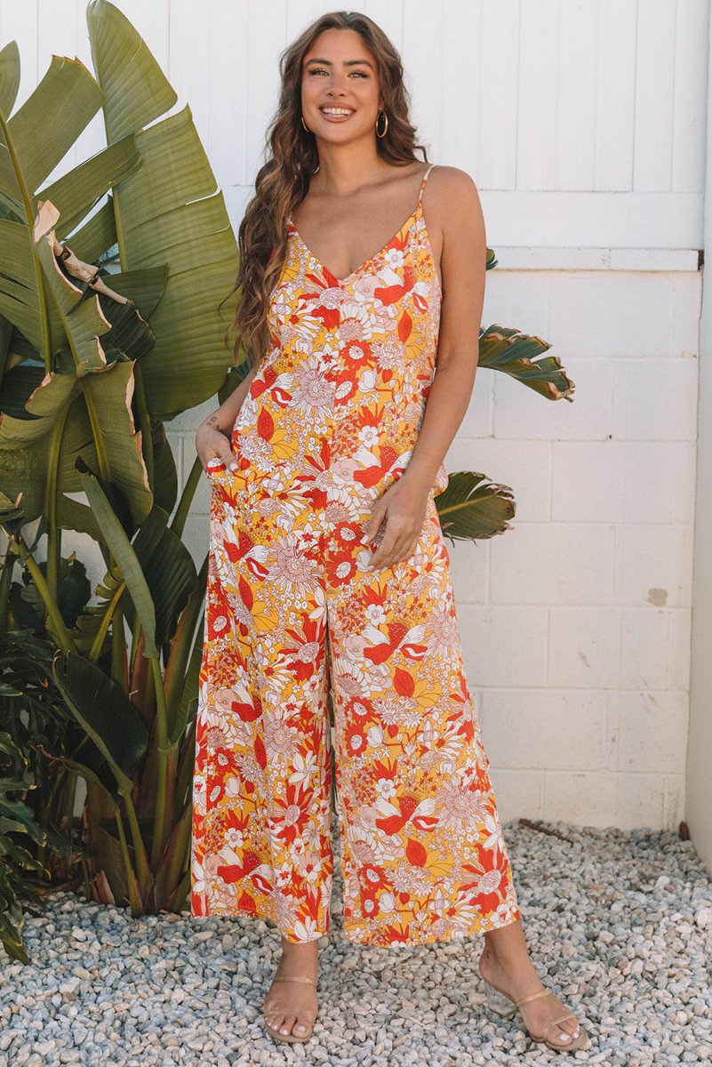Orange Floral V Neck Wide Leg Sleeveless Jumpsuit - Love Salve